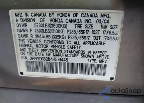 2004 Acura Mdx from USA, damaged, VIN 2HNYD18284H531445